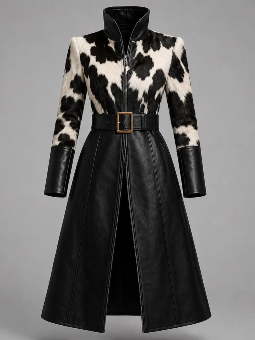 Black-and-White Hair on Hide & Leather Long Coat