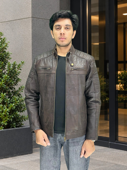 Padded Lambskin Biker Jacket (Unique Coal Effect Vintage leather)