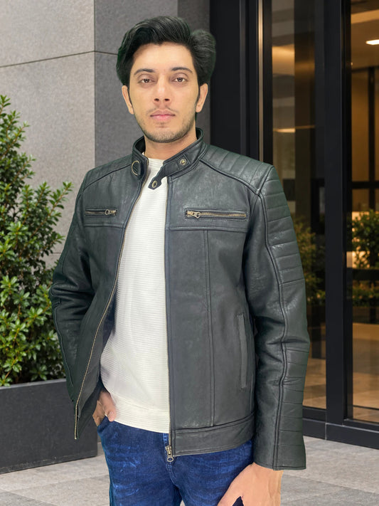 Padded Lambskin Biker Jacket (Unique Coal Effect Vintage leather)