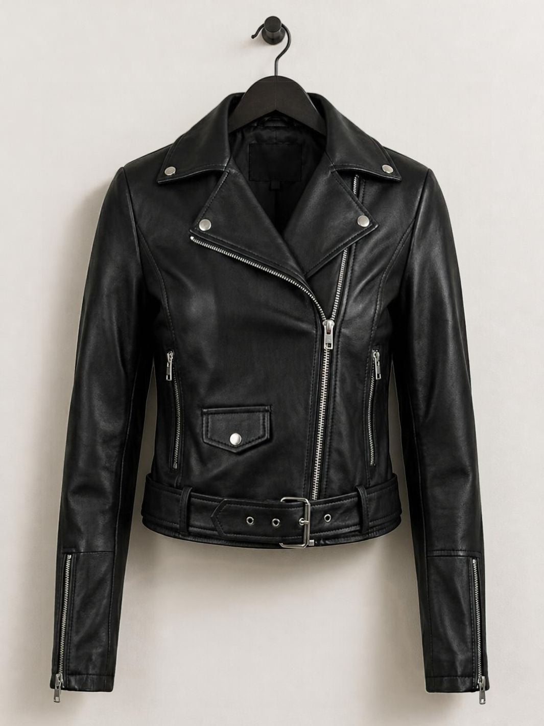 Asymmetrical Biker Style Leather Jacket with Belt