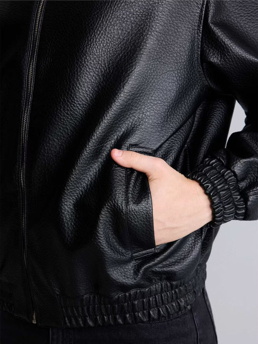 Shirt Collar Bomber Jacket (Textured Leather)