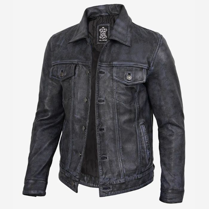 Men’s Black Distressed Real Leather Trucker Jacket