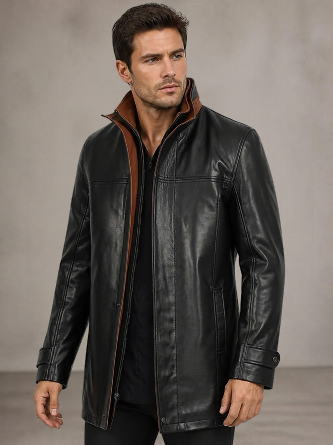 Wide Lapel Lambskin 34 Length Leather Jacket
