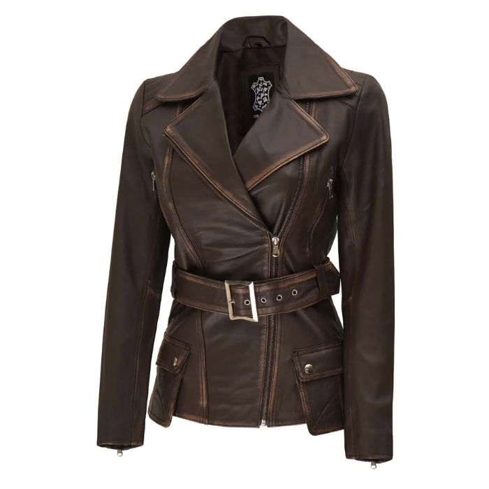Women's Distressed Brown Asymmetrical Leather Biker Style Jacket