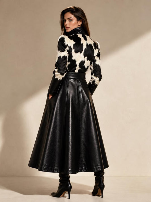 Black-and-White Hair on Hide & Leather Long Coat