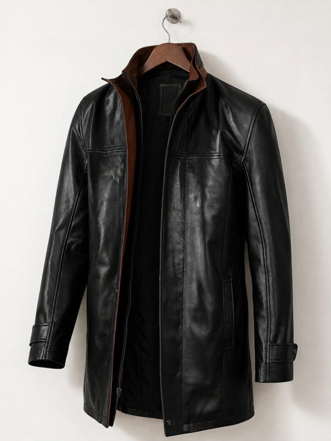 Wide Lapel Lambskin 34 Length Leather Jacket
