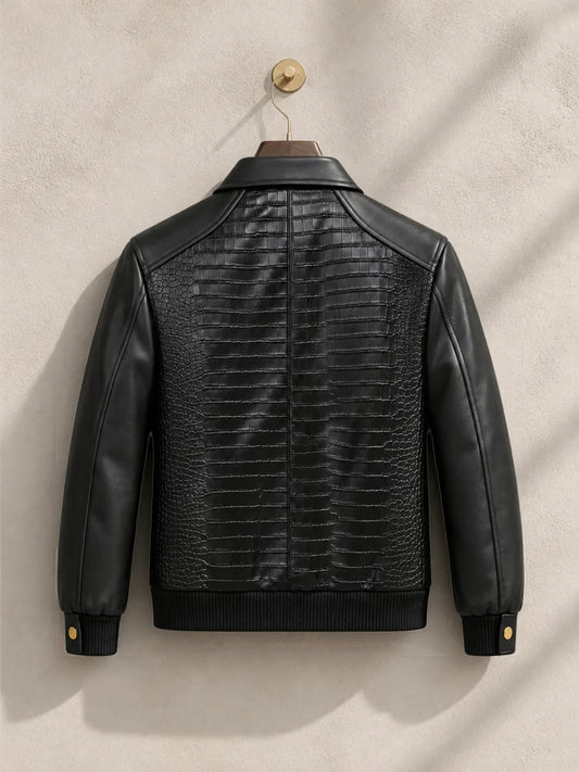 Crocodile-Embossed Leather Bomber Jacket