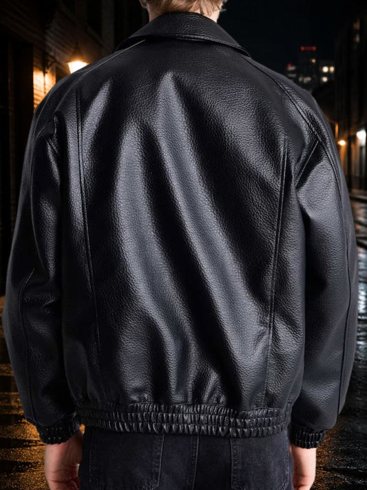 Shirt Collar Bomber Jacket (Textured Leather)