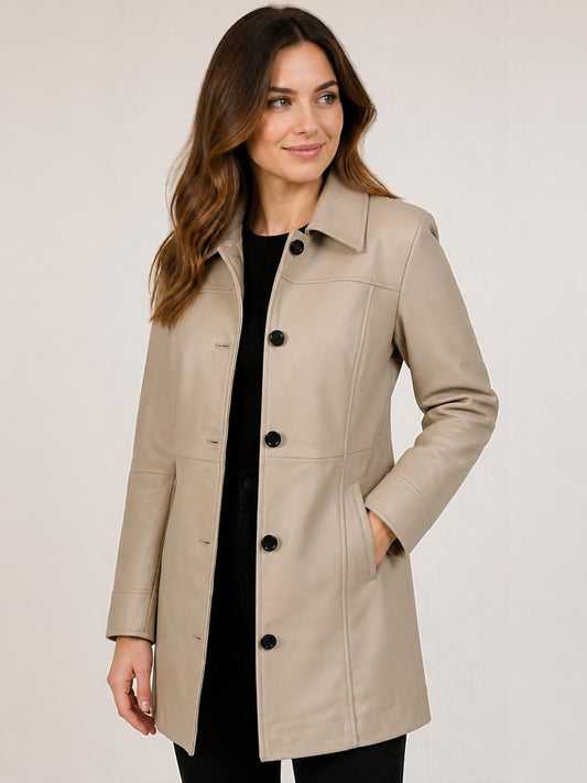 Marsha Women Shirt Collar Leather Car Coat