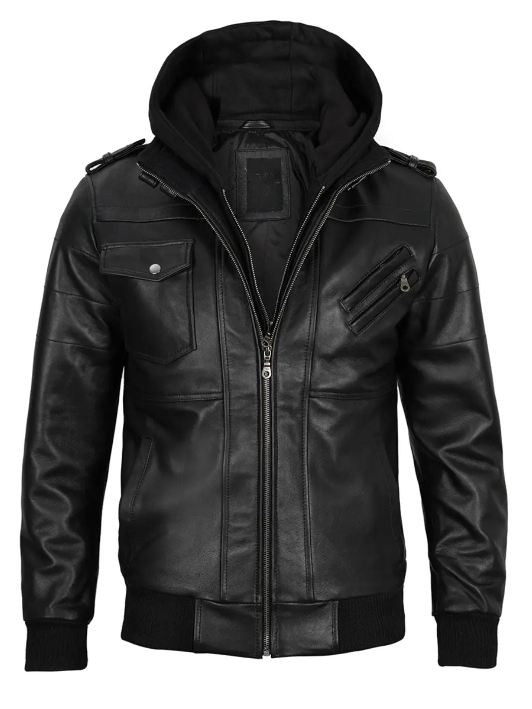 Bomber Leather Jacket with Removable Hood