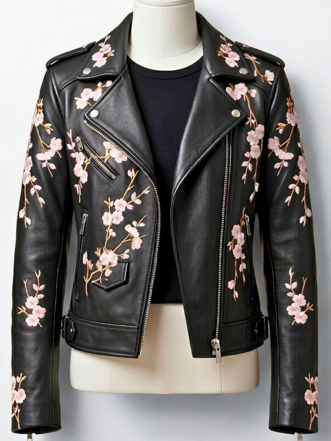 Custom Embroidered Leather Jacket • Floral Biker