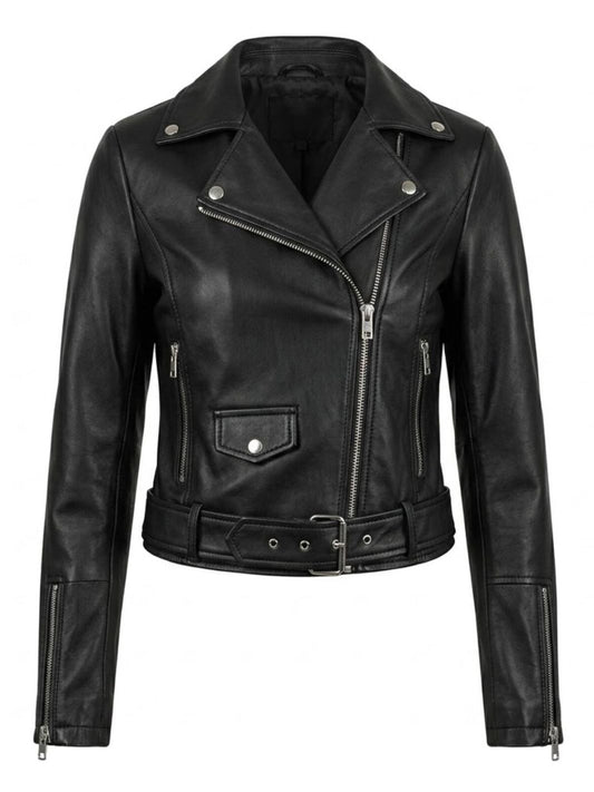 Asymmetrical Biker Style Leather Jacket with Belt
