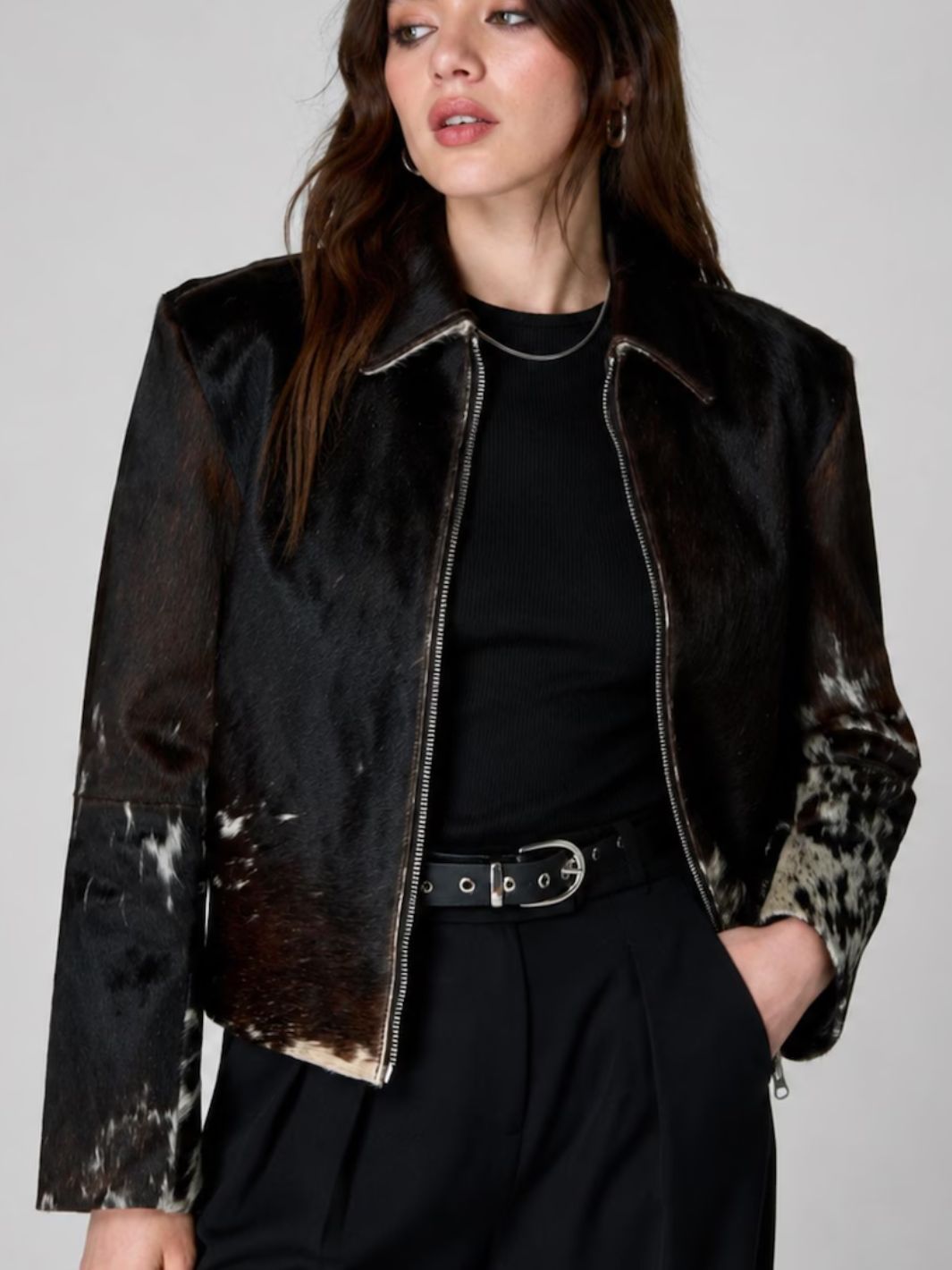 Cow Print Biker Jacket Brown