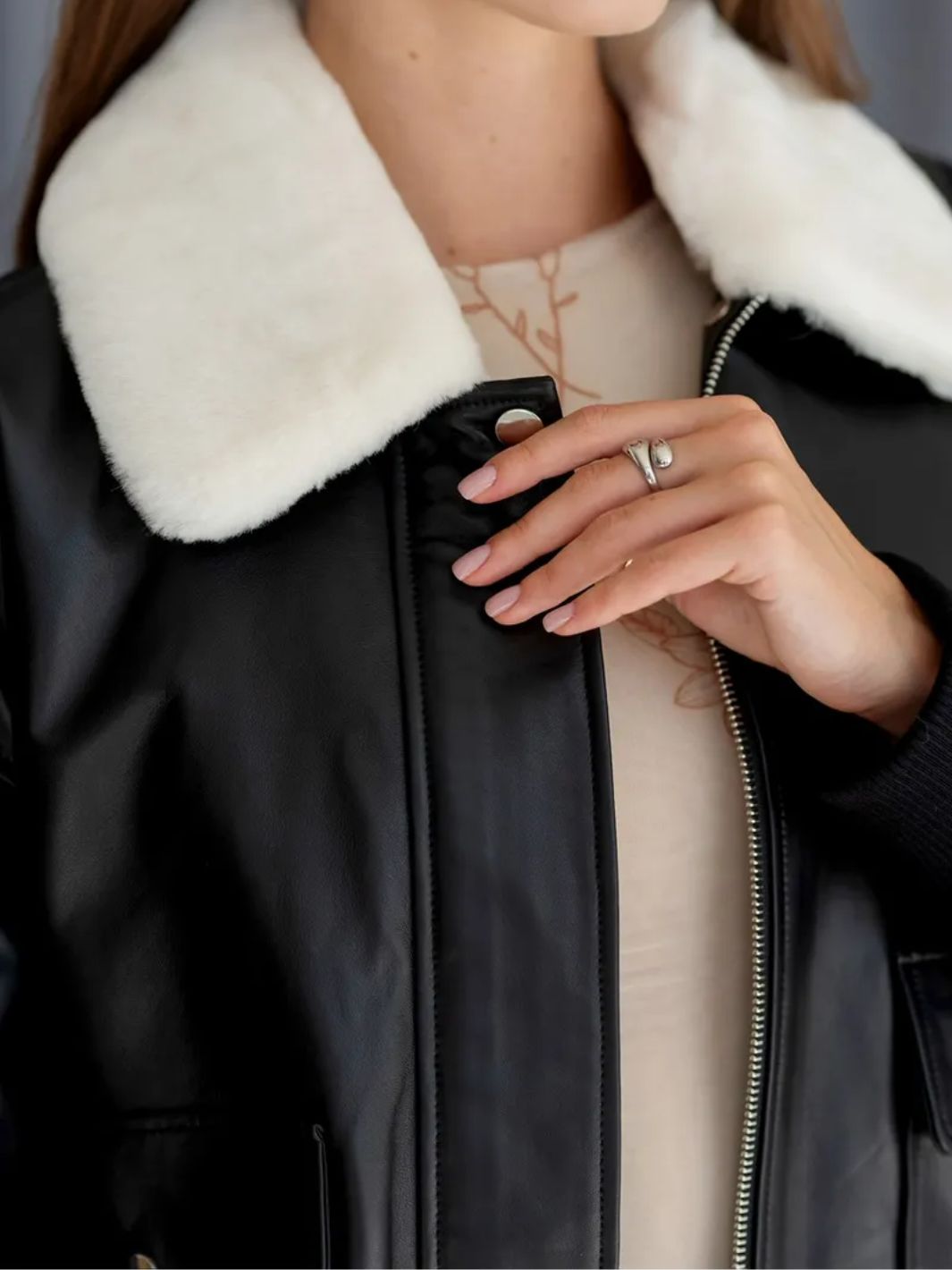 Bomber jacket with sheepskin collar