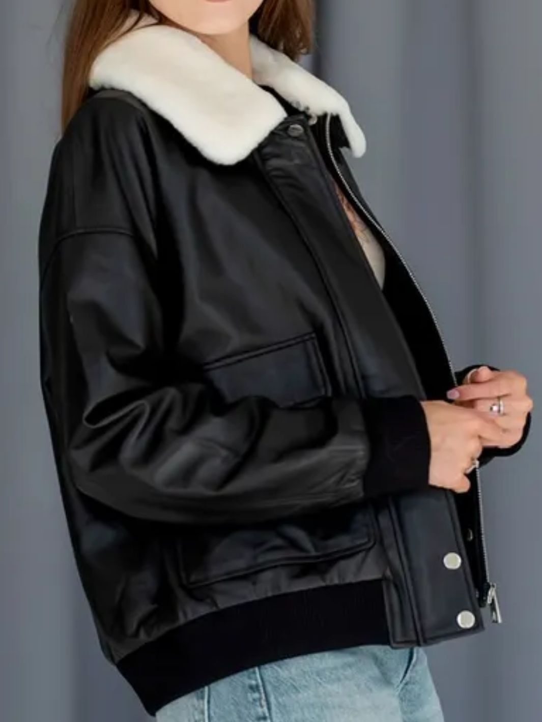 Bomber jacket with sheepskin collar