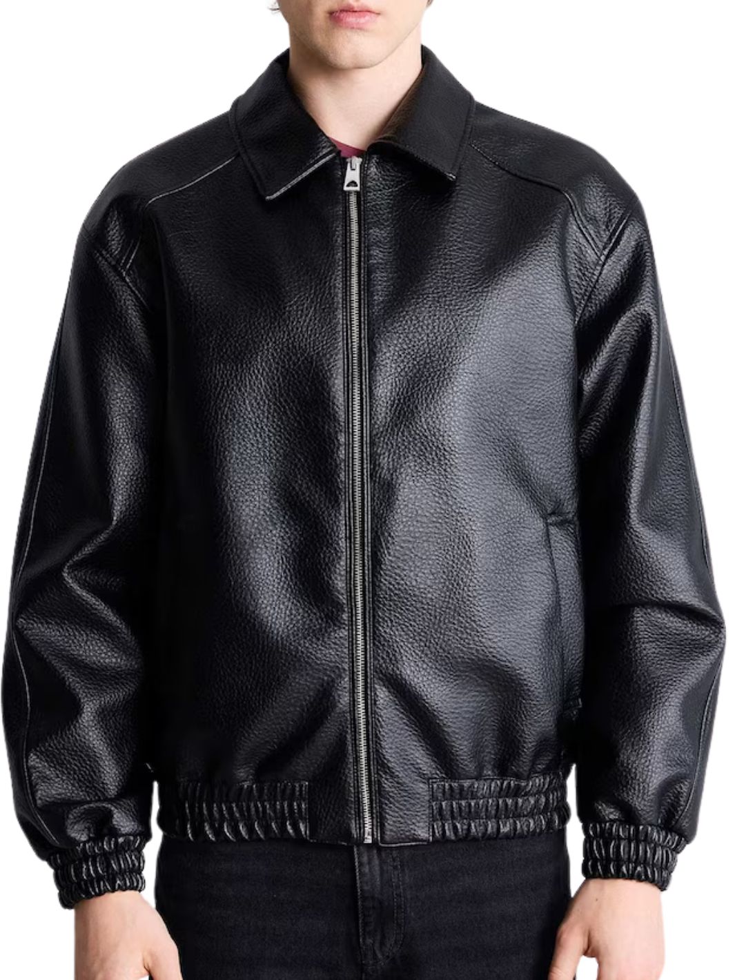 Shirt Collar Bomber Jacket (Textured Leather)