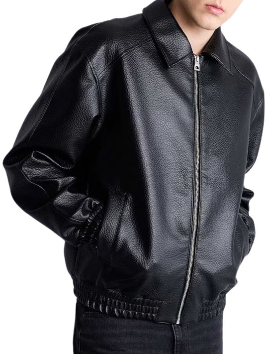 Shirt Collar Bomber Jacket (Textured Leather)