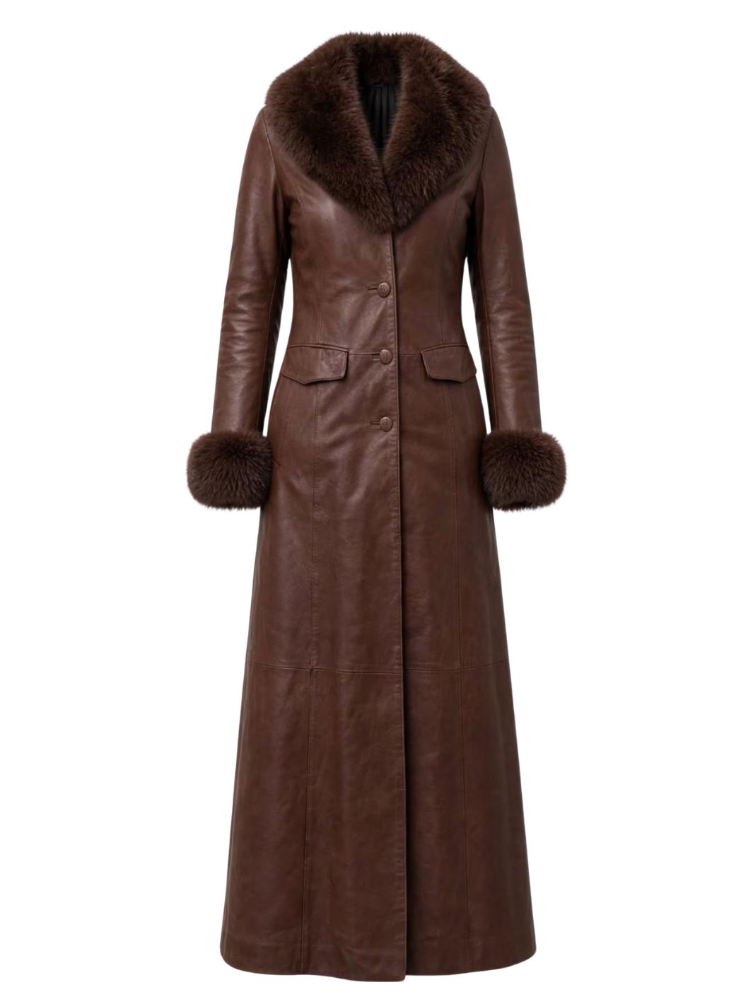 Leather Long Coat With Shearling Fur Collar and cuffs