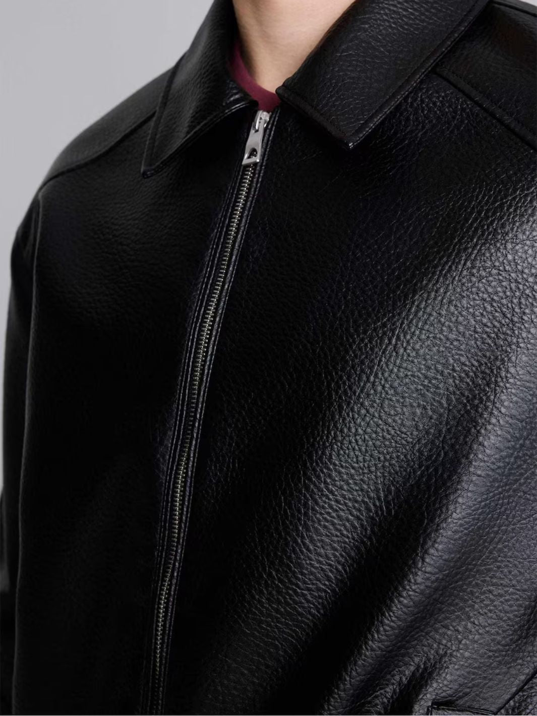 Shirt Collar Bomber Jacket (Textured Leather)