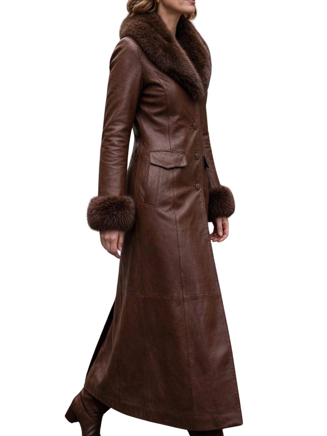 Leather Long Coat With Shearling Fur Collar and cuffs