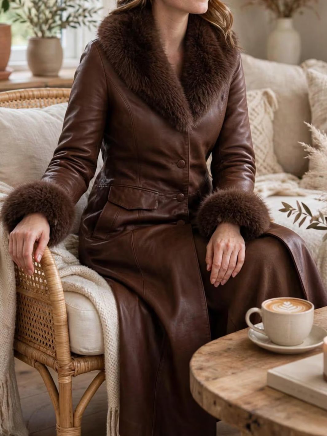 Leather Long Coat With Shearling Fur Collar and cuffs