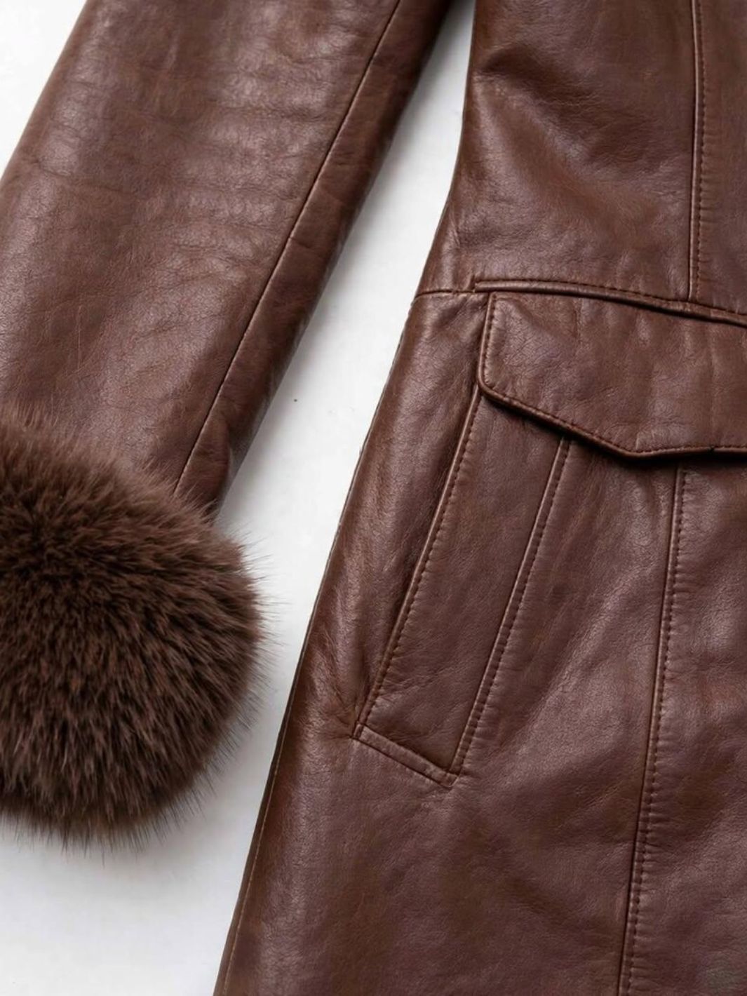 Leather Long Coat With Shearling Fur Collar and cuffs