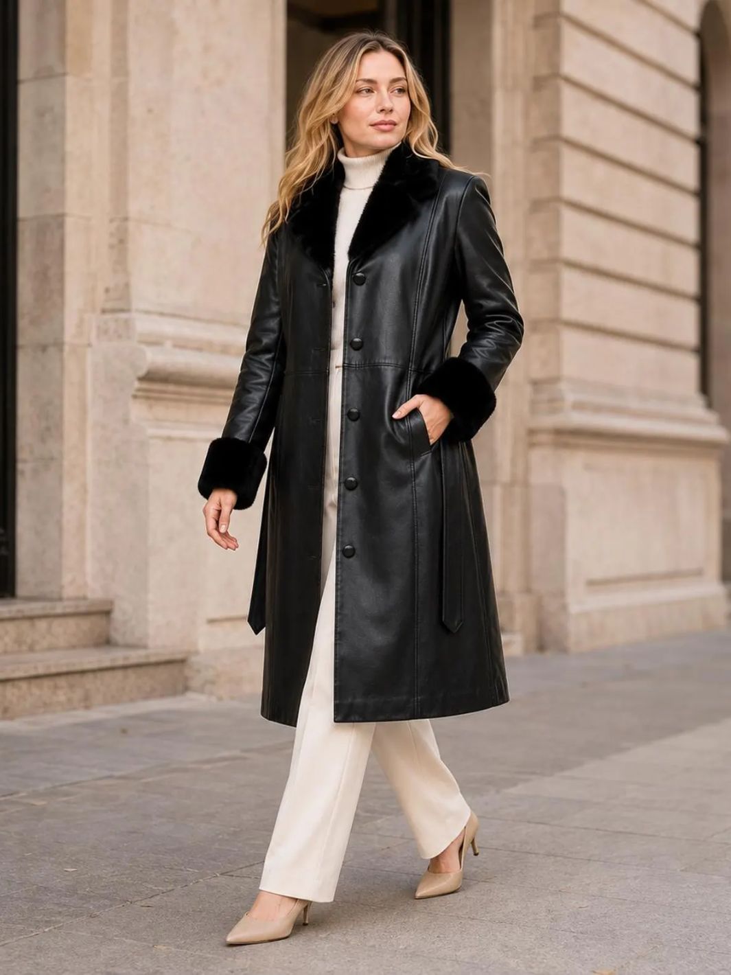 Trench Coat with Artificial Shearling Collar & Cuffs