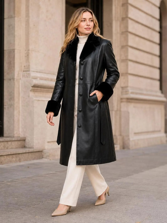Trench Coat with Artificial Shearling Collar & Cuffs